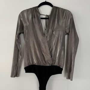 BCBGeneration V Neck Bodysuit in Black Gold Combo